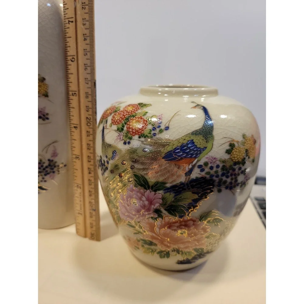 Vintage‎ Crackle Vase Set -2 with Peacock & Floral Design